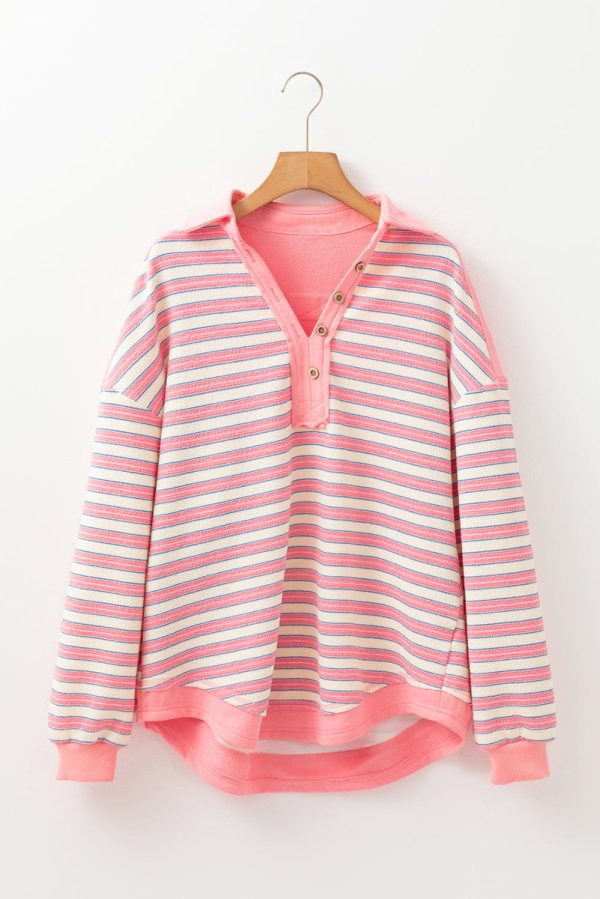 Time Of Your Life Button Pink Stripe Collared V-Neck Top For Discount - Image 3